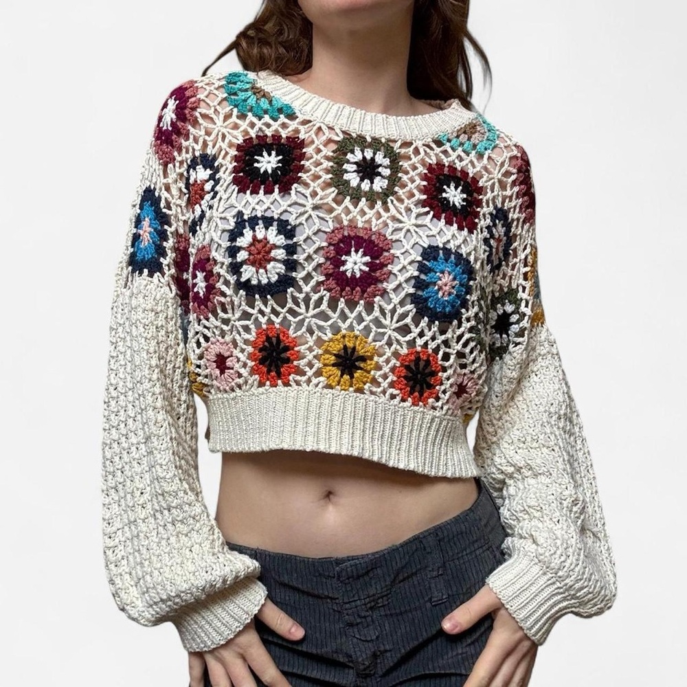 Patchwork Granny Square Knit Cropped Sweater - image 2